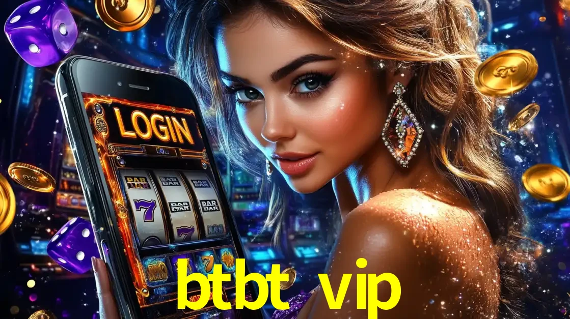 Mulher glamorosa segurando um smartphone com a tela de login para os jogos de caça-níqueis do cassino online btbt vip, com moedas de ouro e dados ao redor.